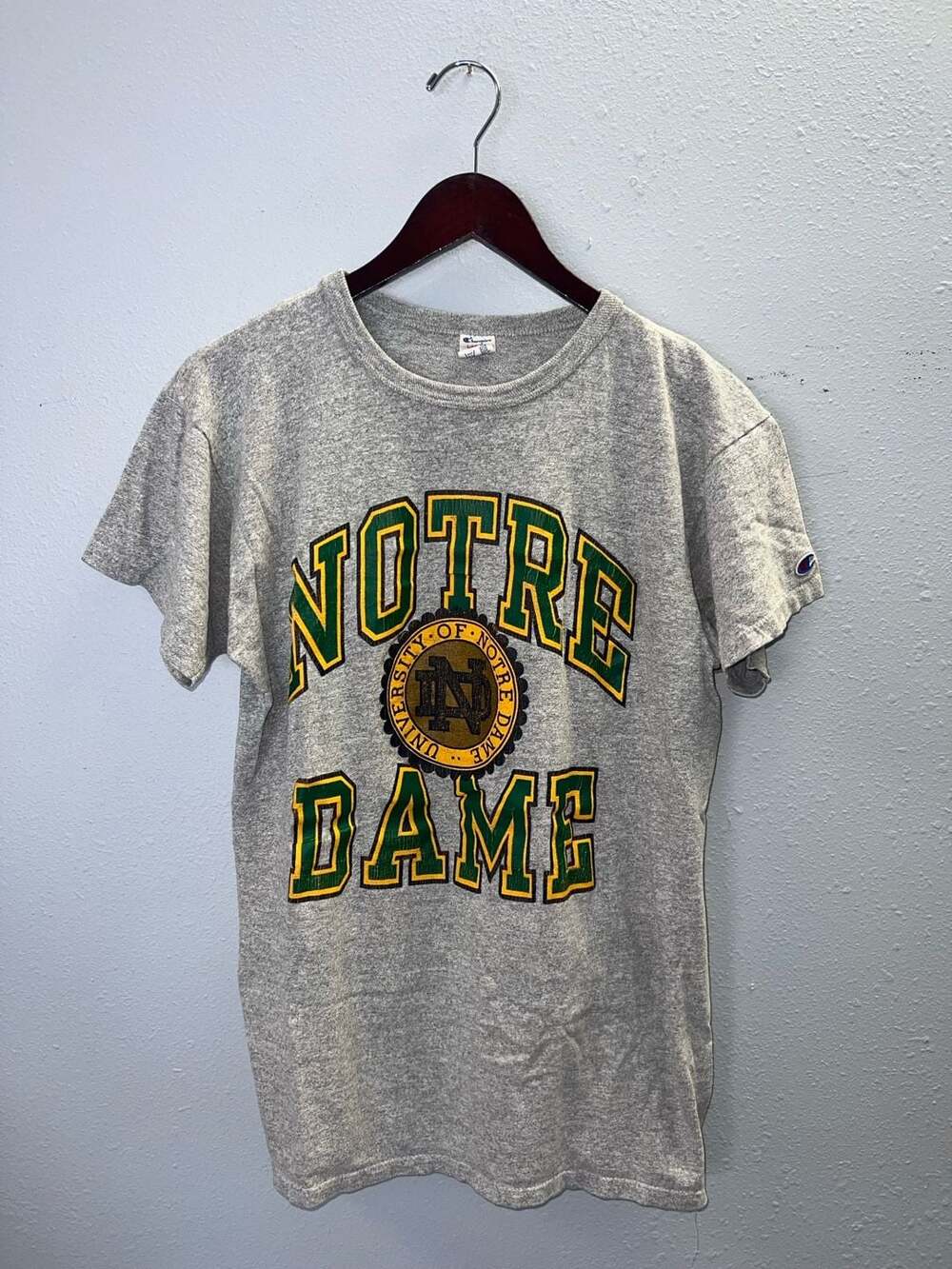 Vintage 1980s Champion Notre Dame Fighting Irish T Shirt L Gray USA Single 0581